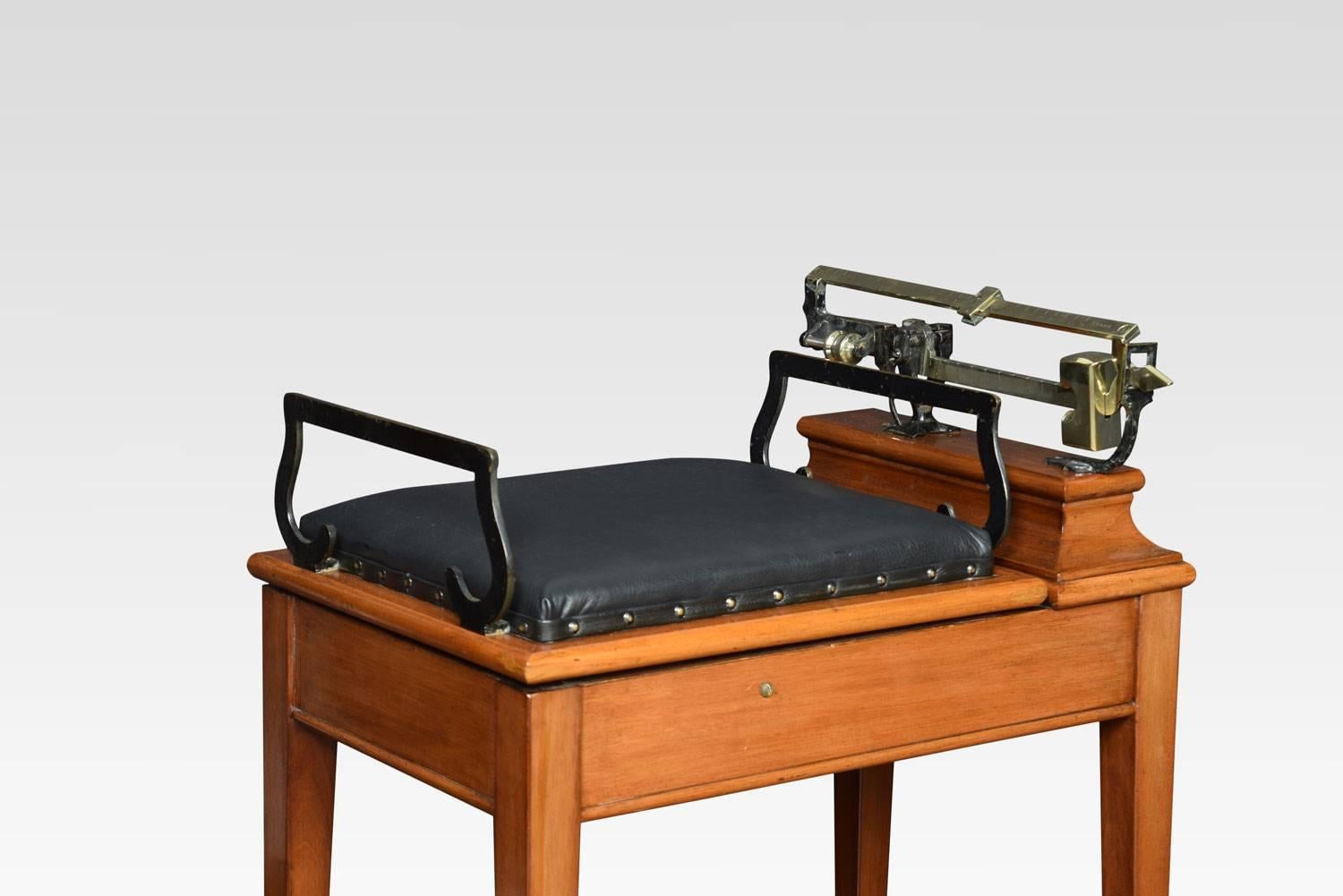 Set of 19th century Jockey scales. The black leather seat flanked by supports with brass weighing scales, raised on a moulded walnut frame and square section legs.
Dimensions:
Height 29 inches height to seat 24 Inches
Width 25.5 inches
Depth