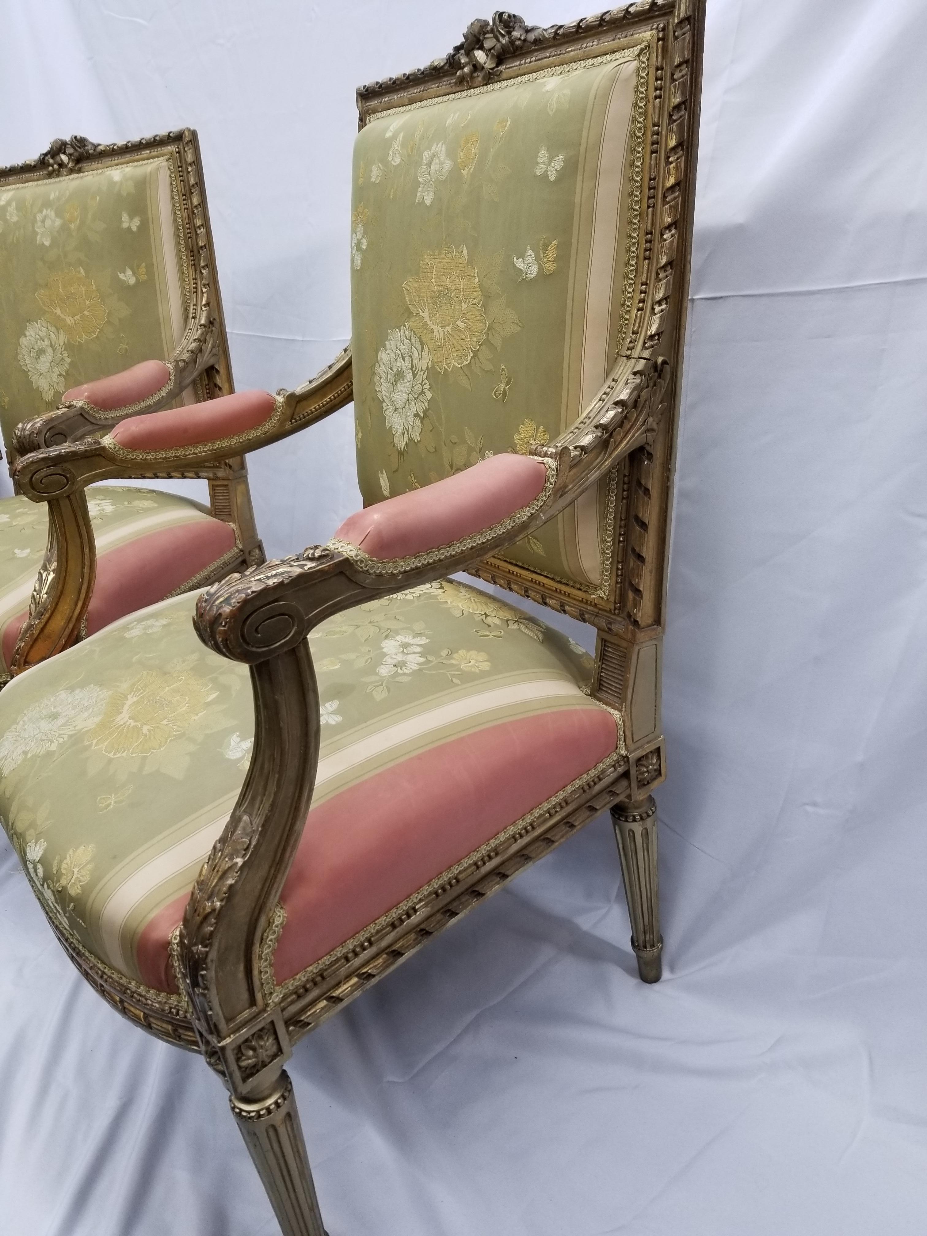 Louis XV Set of 19th Century Louis XIV Giltwood Armchairs with Matching Footstools For Sale