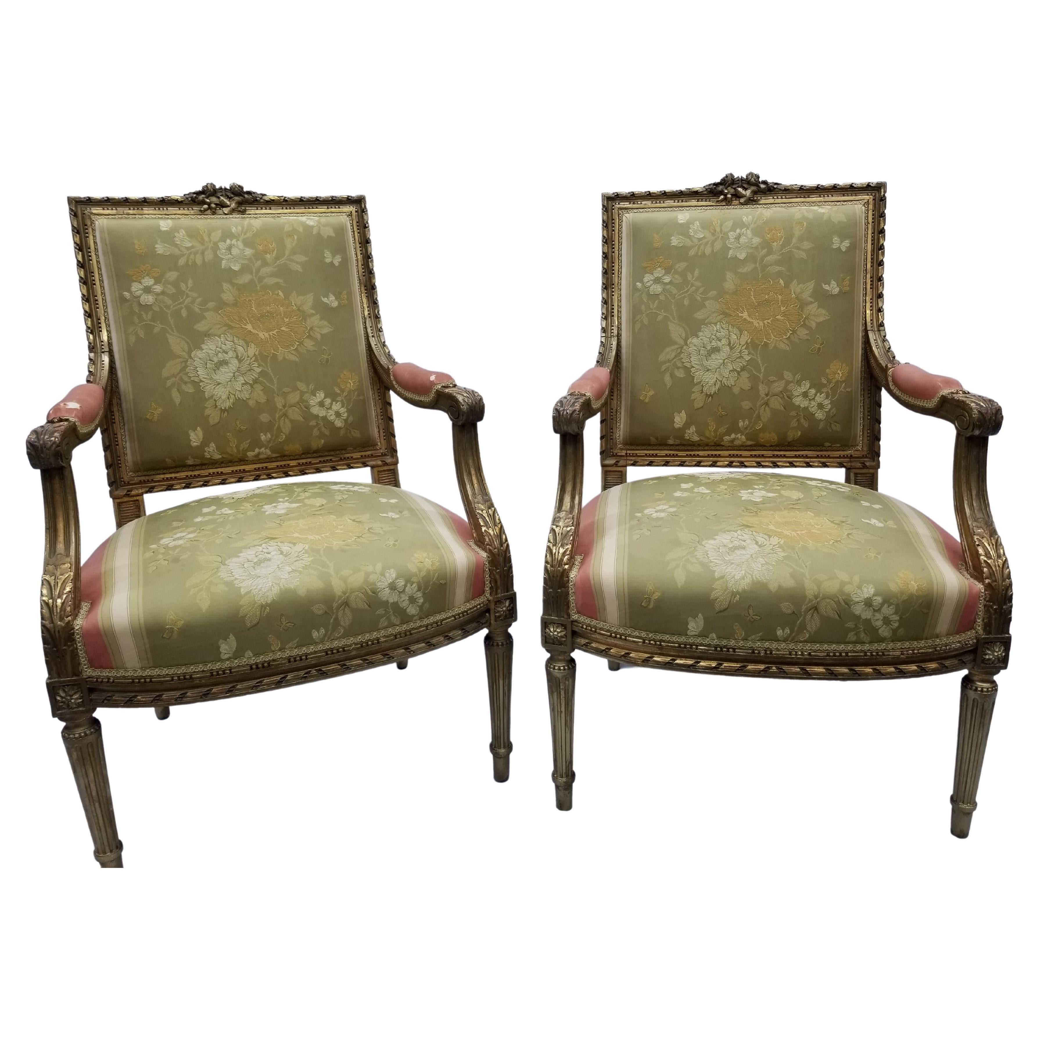 Set of 19th Century Louis XIV Giltwood Armchairs with Matching Footstools For Sale