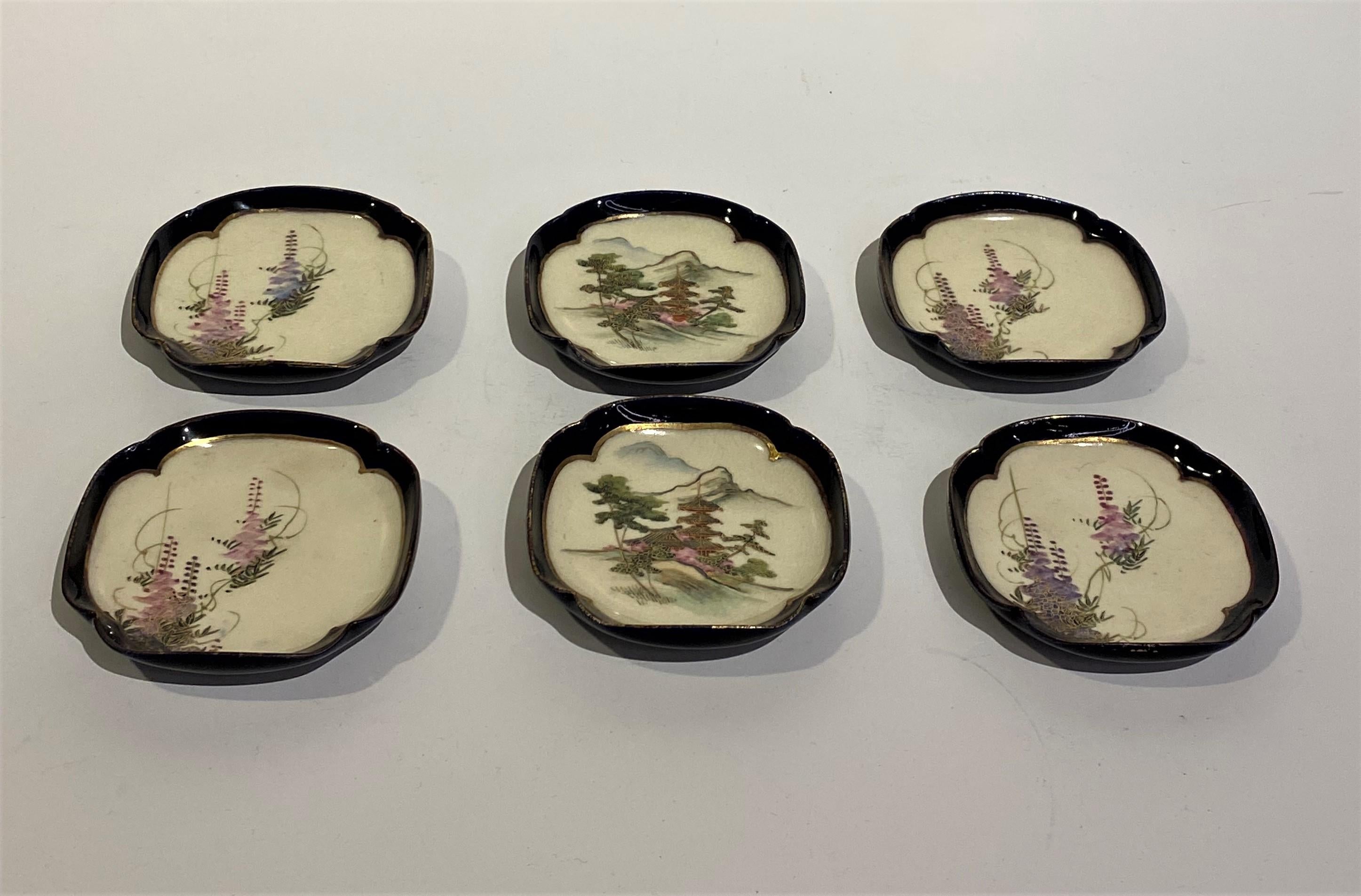 Hand-Painted Set of 19th Century Small, Shaped Satsuma Hand Painted Pin Trays For Sale
