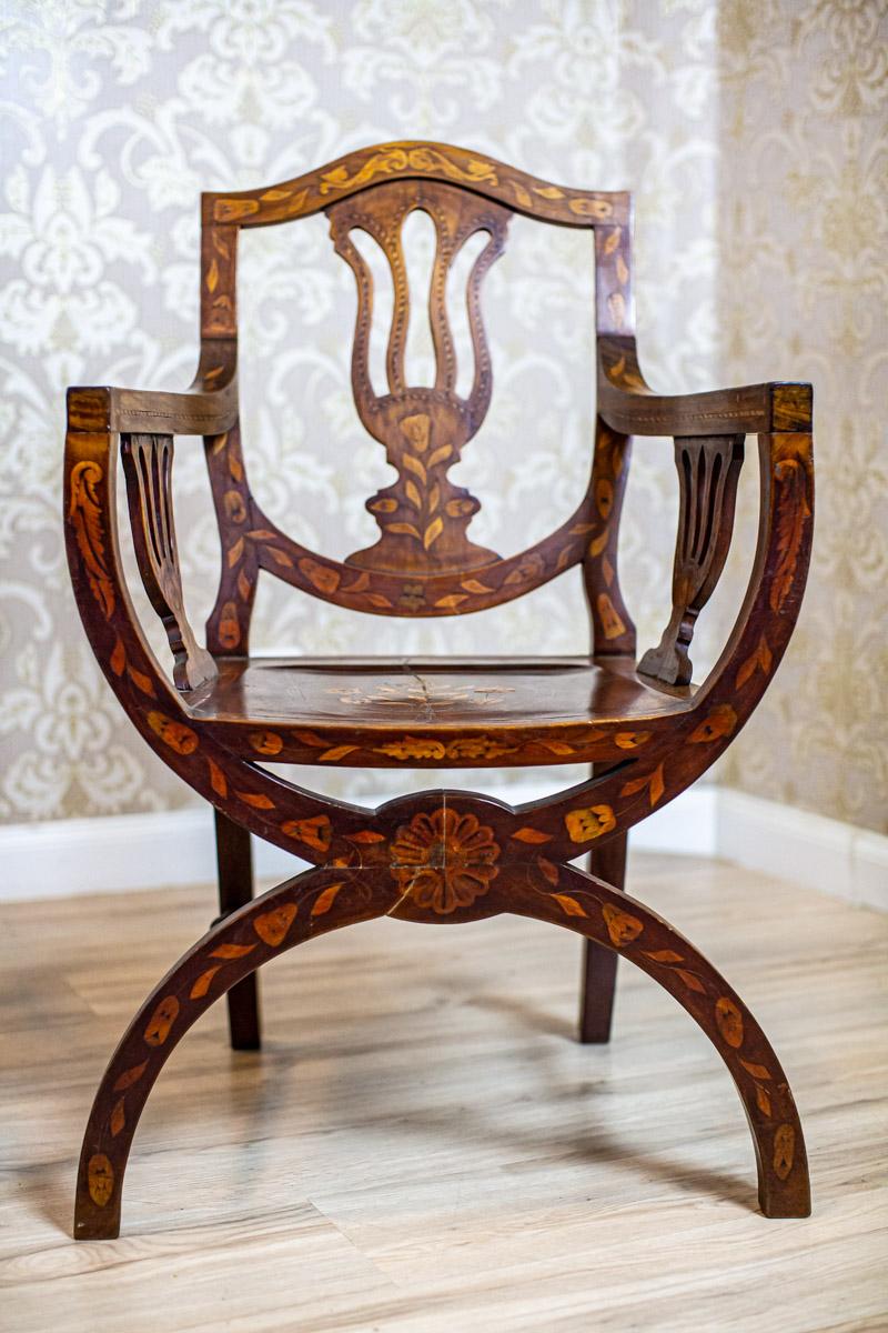 European Set of 19th Century Inlaid Walnut Armchairs on X-Shaped Legs For Sale
