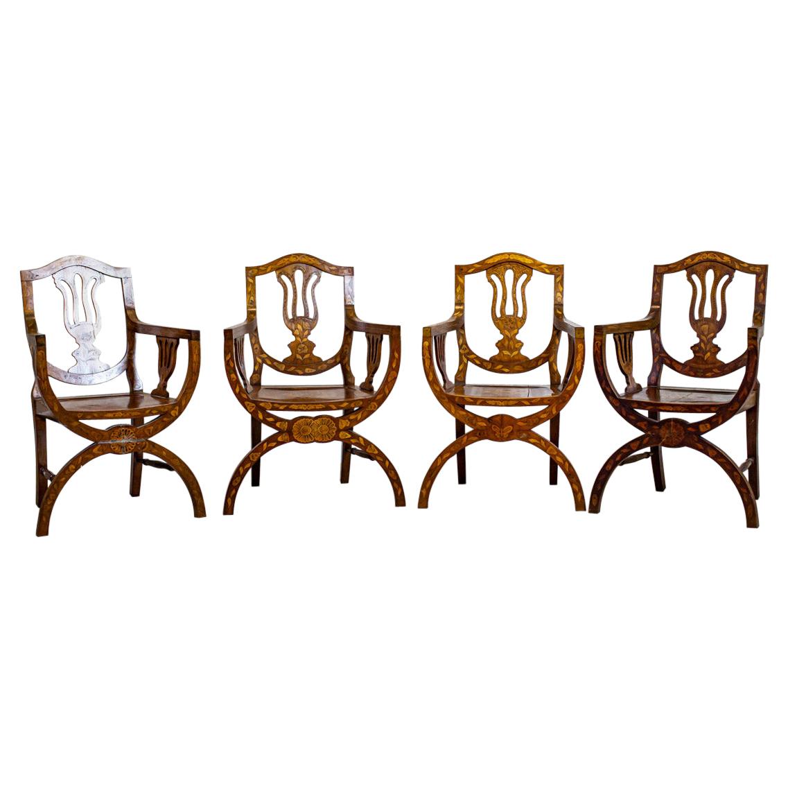 Set of 19th Century Inlaid Walnut Armchairs on X-Shaped Legs