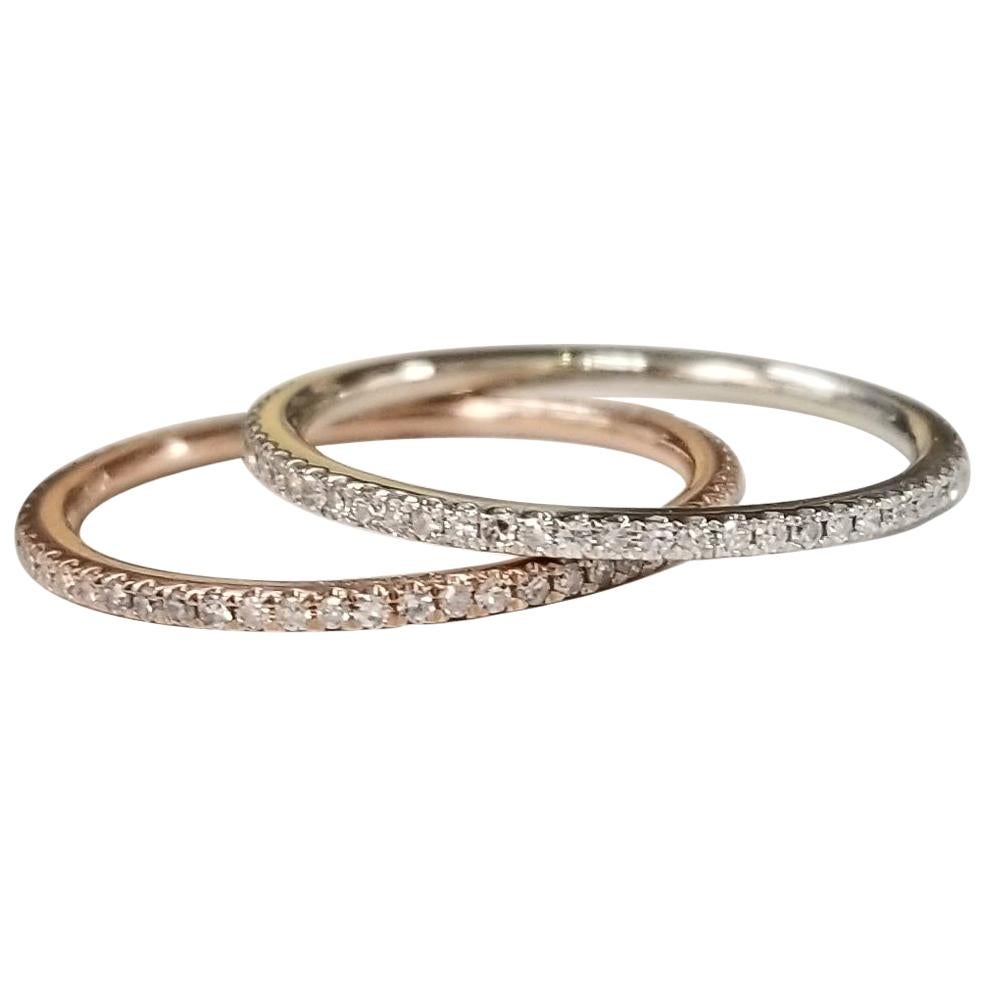 Set of 2 14k White and Rose Gold Diamond Eternity Ring with Micro Pavé Setting For Sale