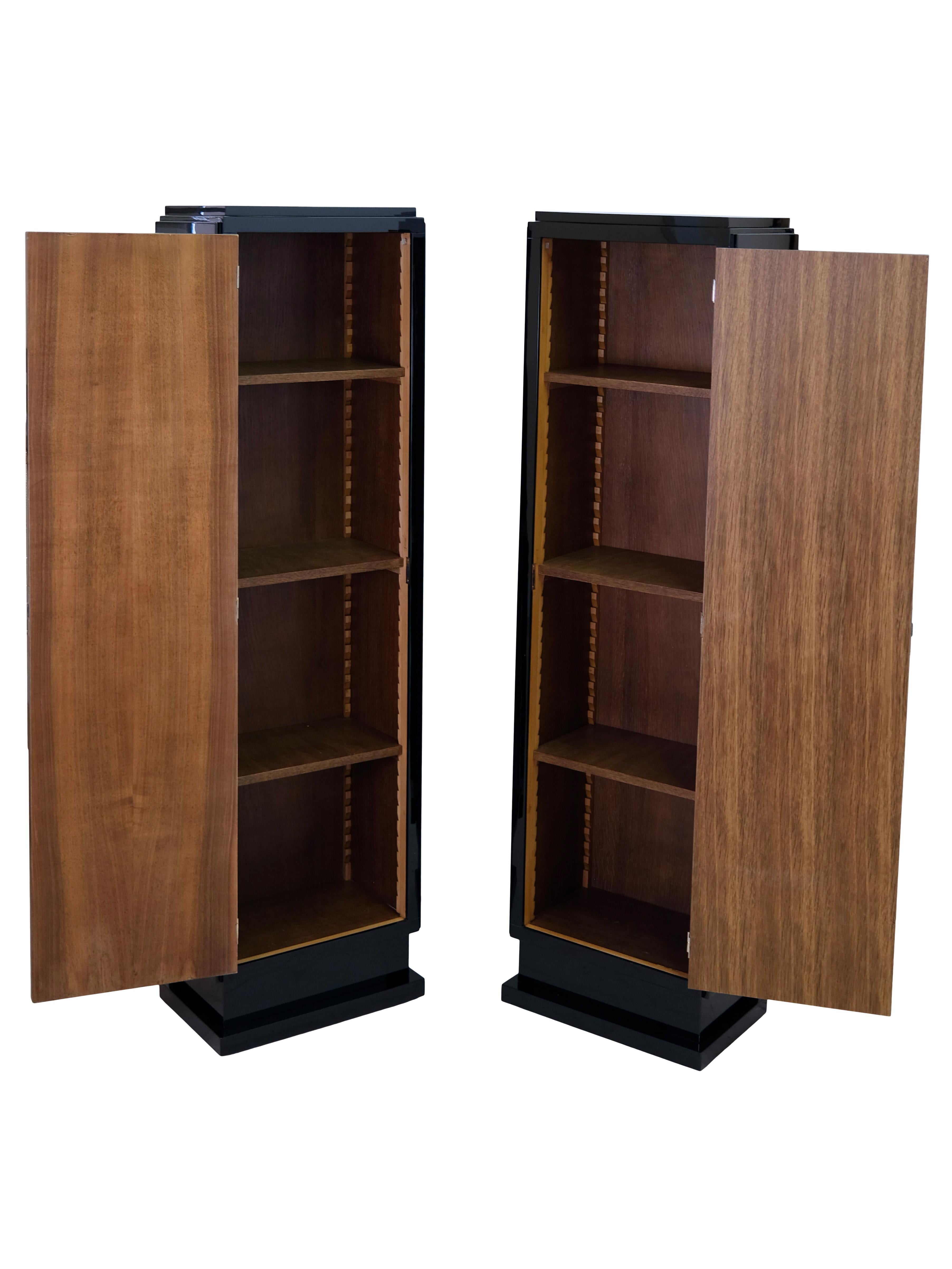 Blackened Set of 2 1930s French Art Deco Cabinets Black Piano Lacquer with Large Fittings For Sale