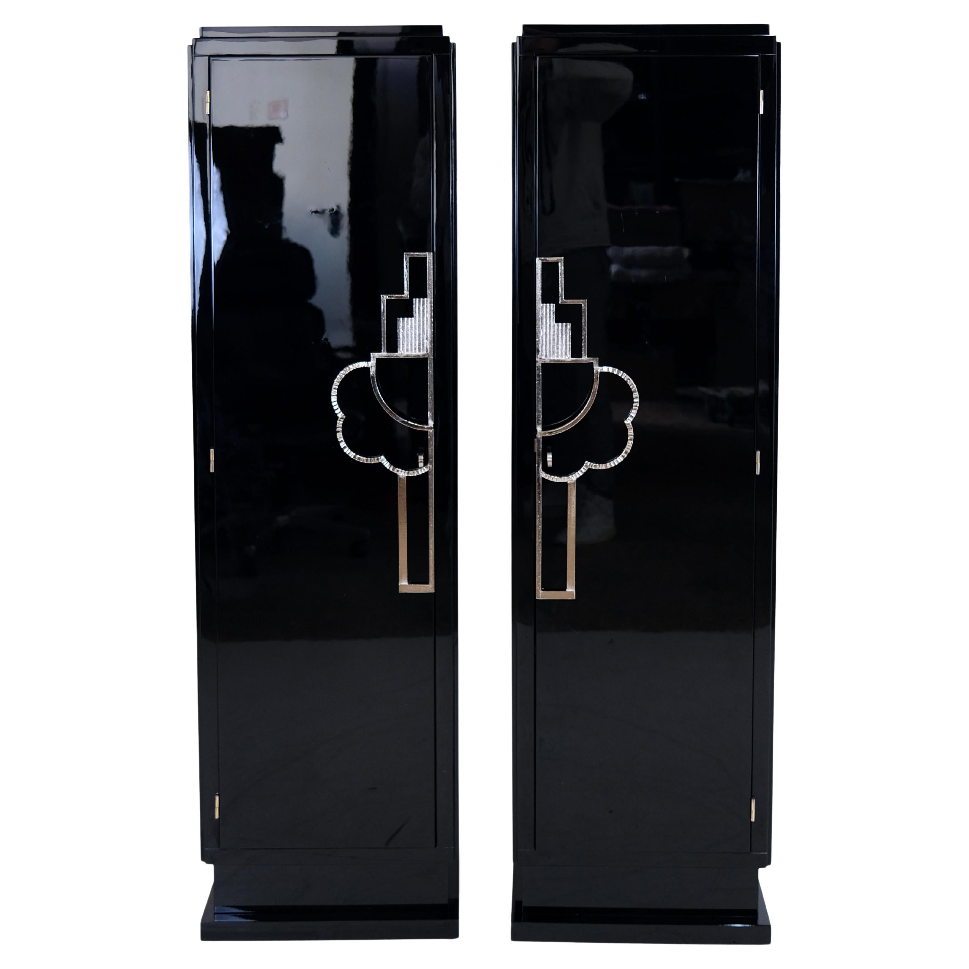 Set of 2 1930s French Art Deco Cabinets Black Piano Lacquer with Large Fittings For Sale