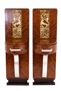 Set of 2 1930s French Art Deco Half Round Bedside Table Consoles with Inlays