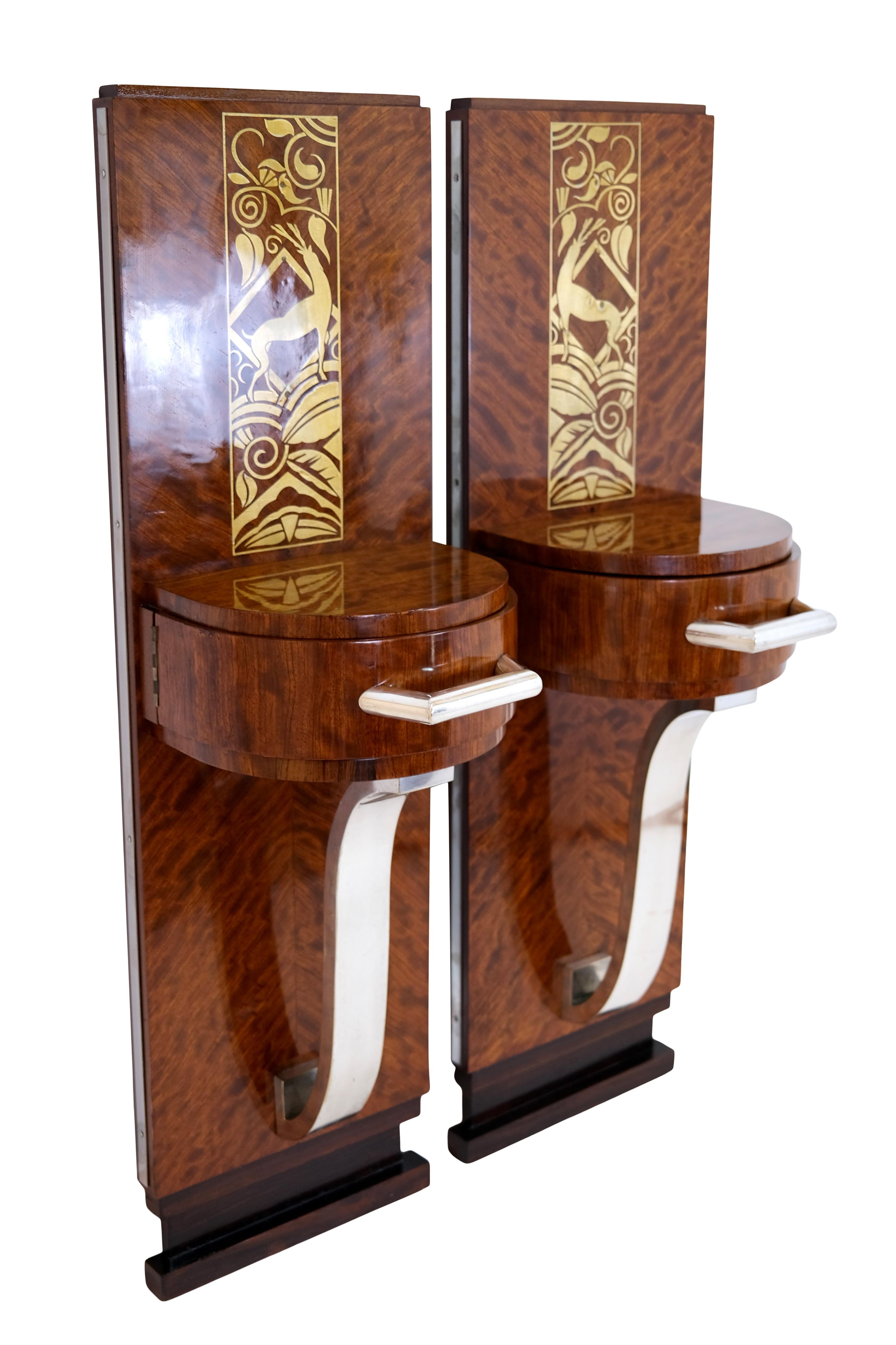 Polished Set of 2 1930s French Art Deco Half Round Bedside Table Consoles with Inlays