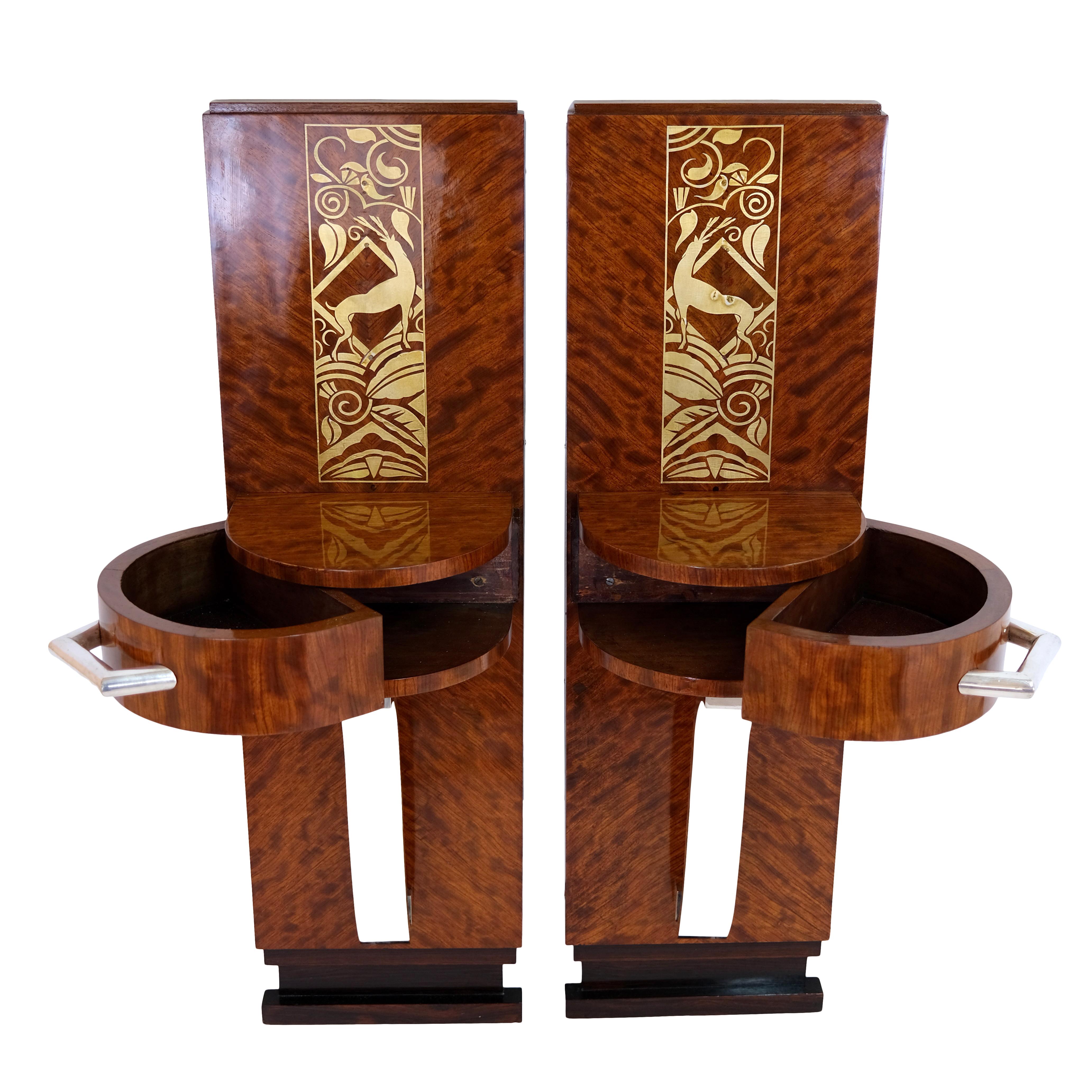 Set of 2 1930s French Art Deco Half Round Bedside Table Consoles with Inlays In Good Condition In Ulm, DE