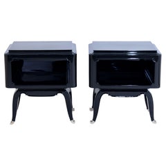 Vintage Set of 2 1930s French Art Deco Open Night Stands in Black Piano Lacquer