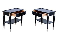 Set of 2 1940s French Art Deco Night Stands in Black Piano Lacquer with Drawers