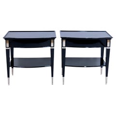Set of 2 1940s French Art Deco Night Stands in Black Piano Lacquer with Drawers