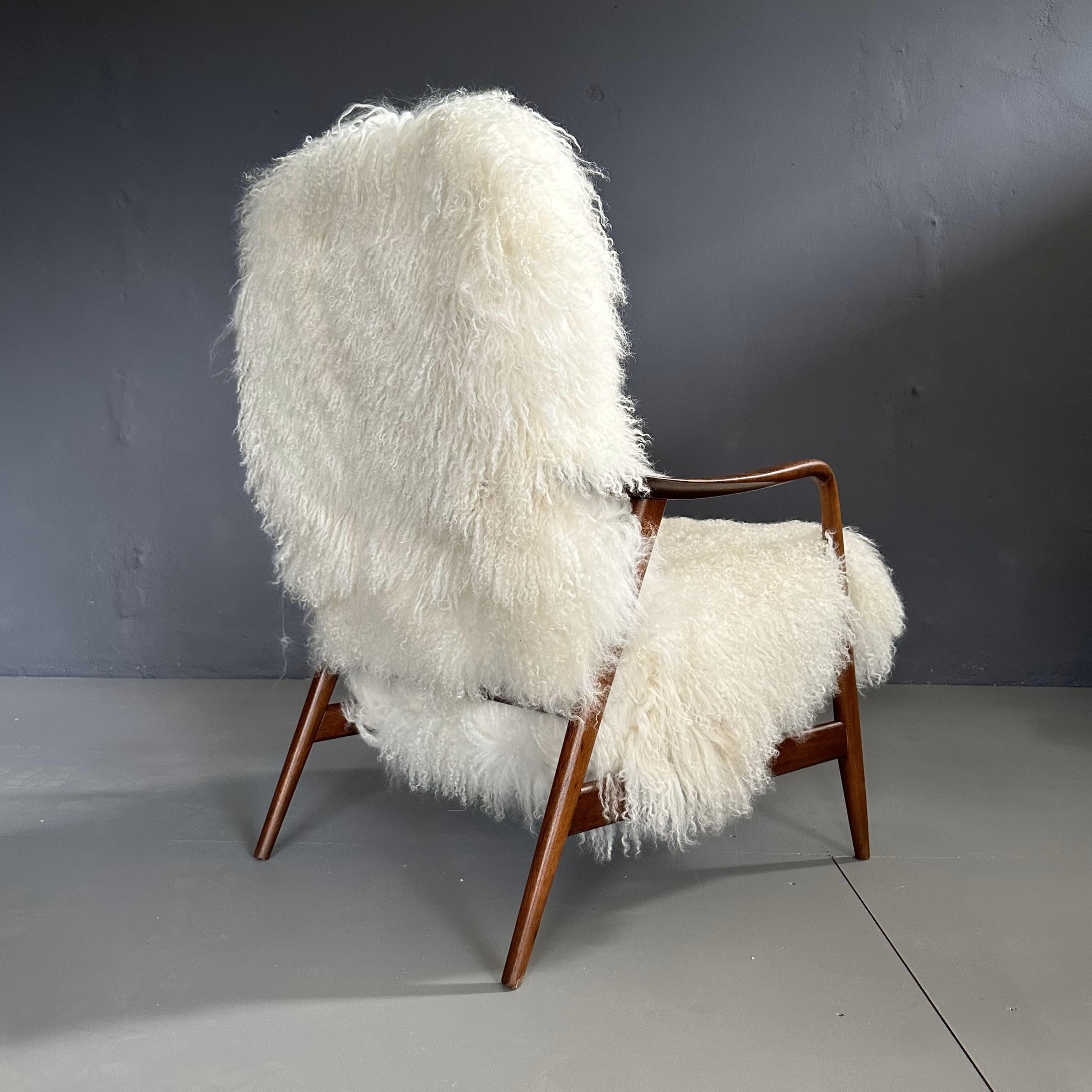 Goat Hair Set of 2 1950s Danish armchairs by Alf Svensson for Dux, teak and goat hair  For Sale