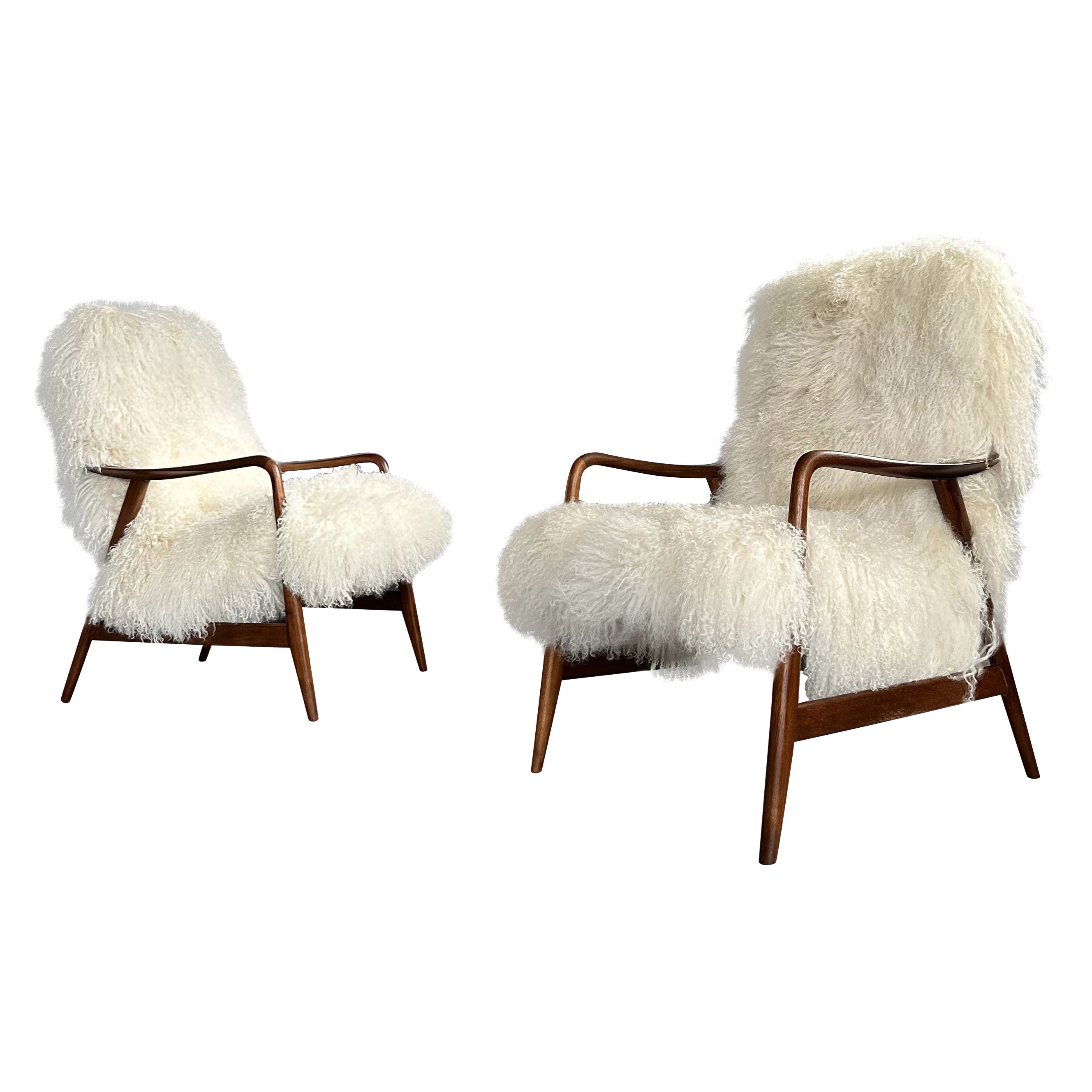 Ensemble de 2 fauteuils danois des années 1950 par Alf Svensson pour Dux, teck et poils de chèvre