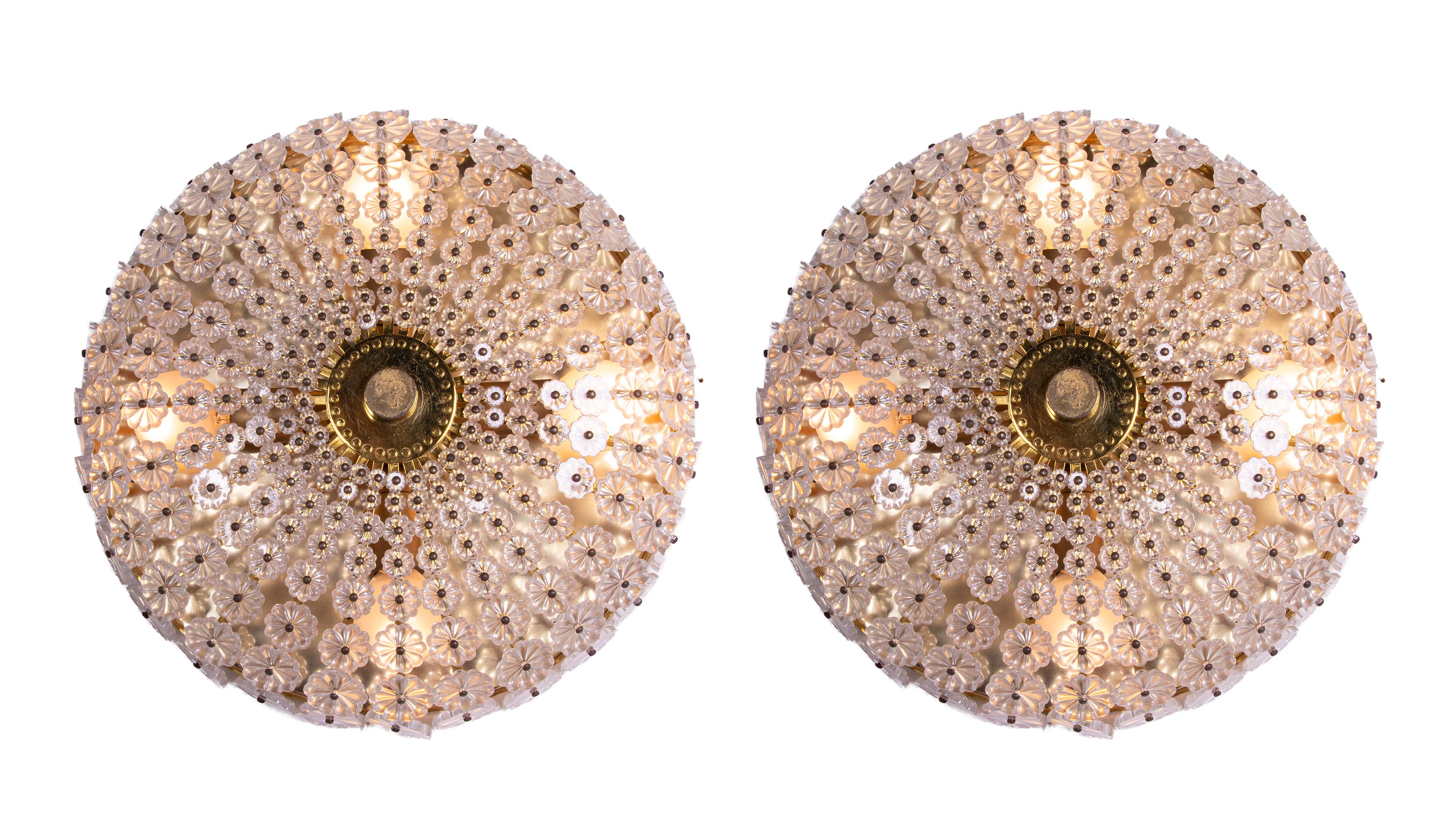 Mid-Century Modern Set of 2 Emil Stejnar Style Flush Mount & Wall Sconces Floral Glass & Brass 1950 For Sale