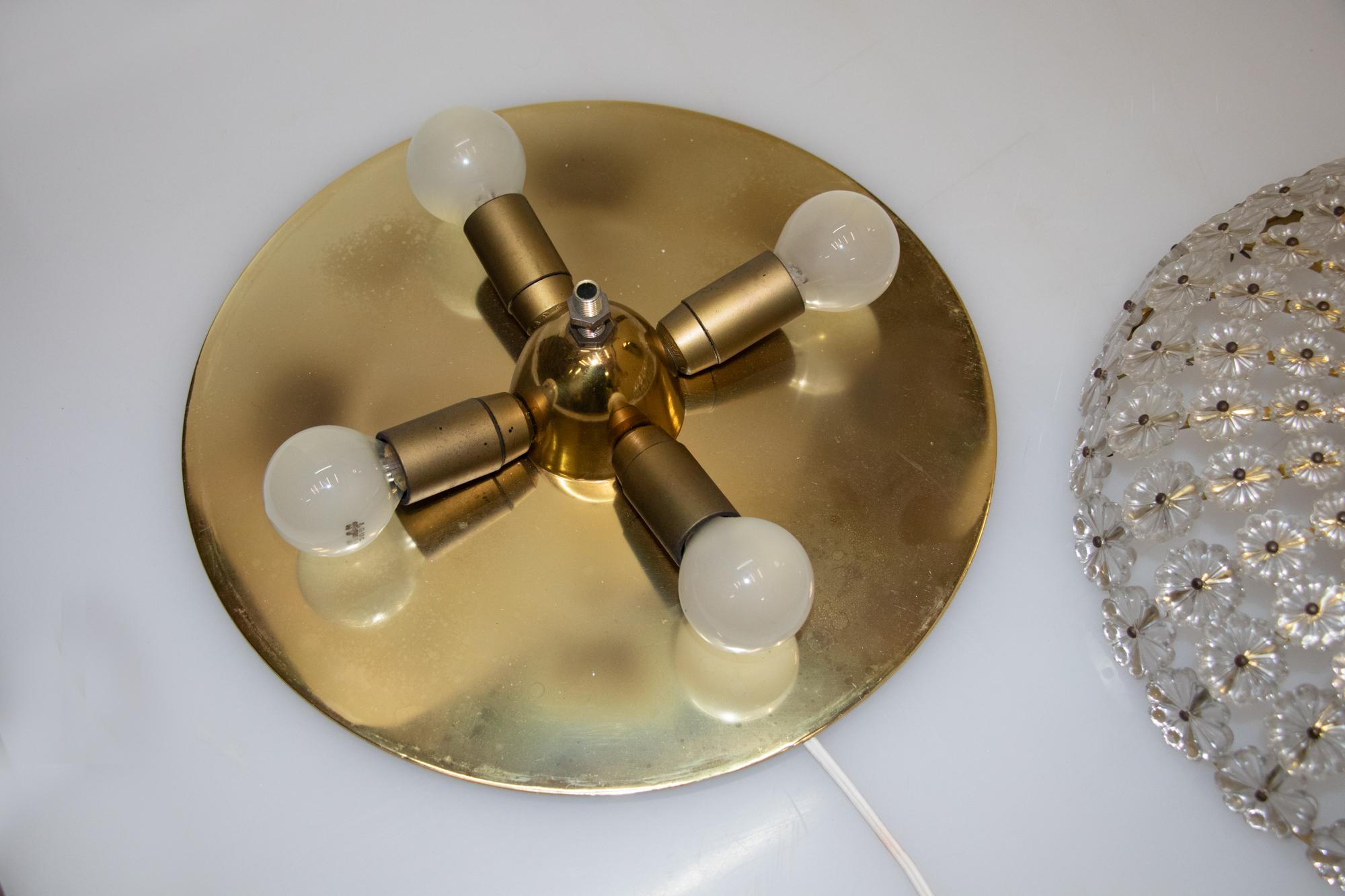 Mid-20th Century Set of 2 Emil Stejnar Style Flush Mount & Wall Sconces Floral Glass & Brass 1950 For Sale