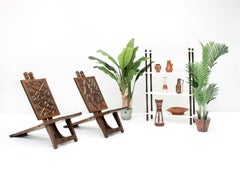 Set of 2 1960s Geometric Carved Low Slung Tribal Palaver Chief Chairs