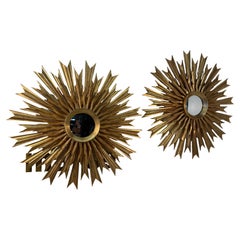 Set of 2, 1970 Vintage Italian Sunburst Gilded Wall Mirror (miroir mural doré en forme de soleil)