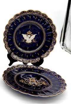 Set of 2 19th C. French Armorial Cobalt & Gilt Plates Attributed to Limoges