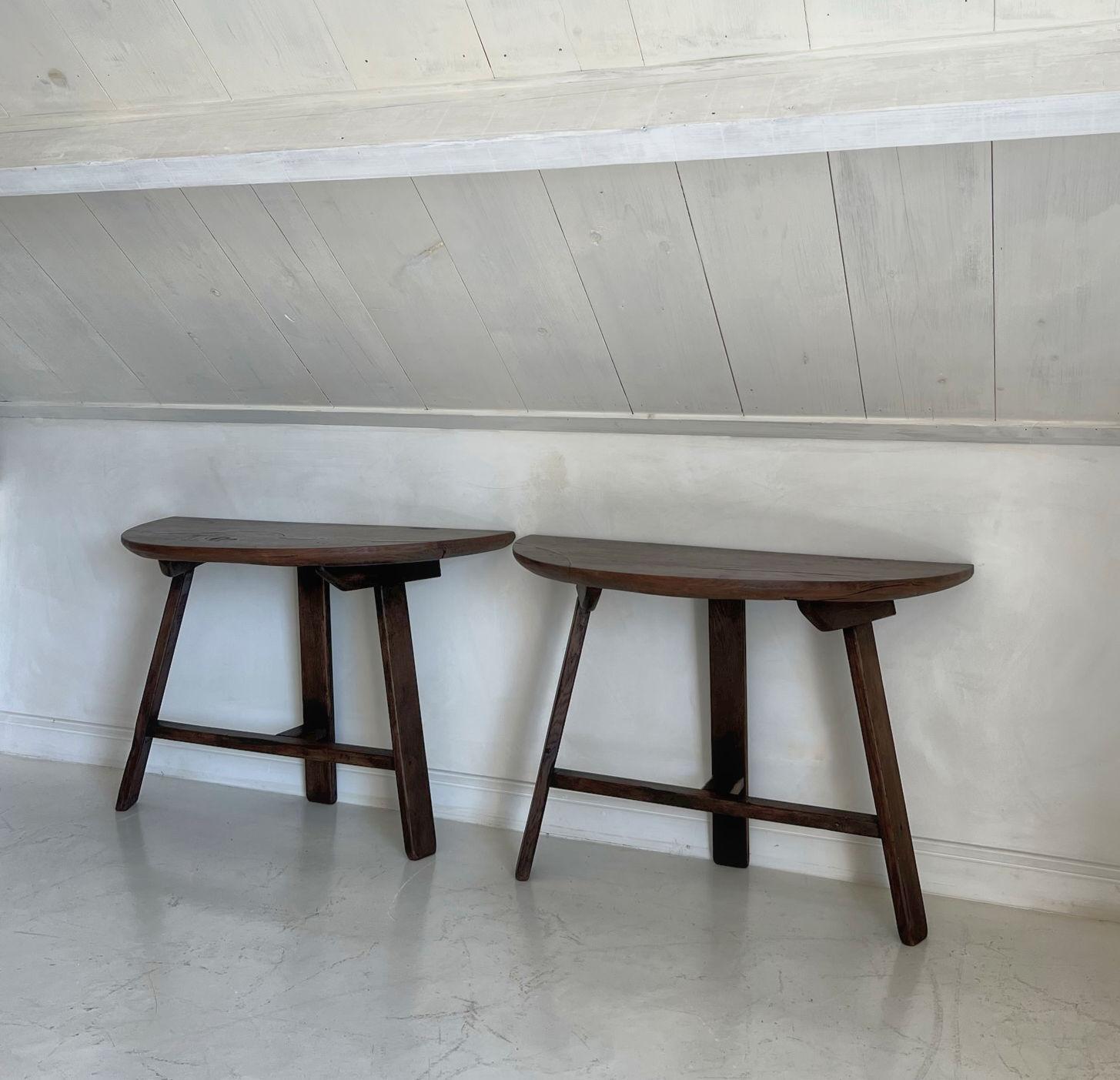 Set of 2 19th Century Primitive Chestnut Demilune Tables For Sale 12