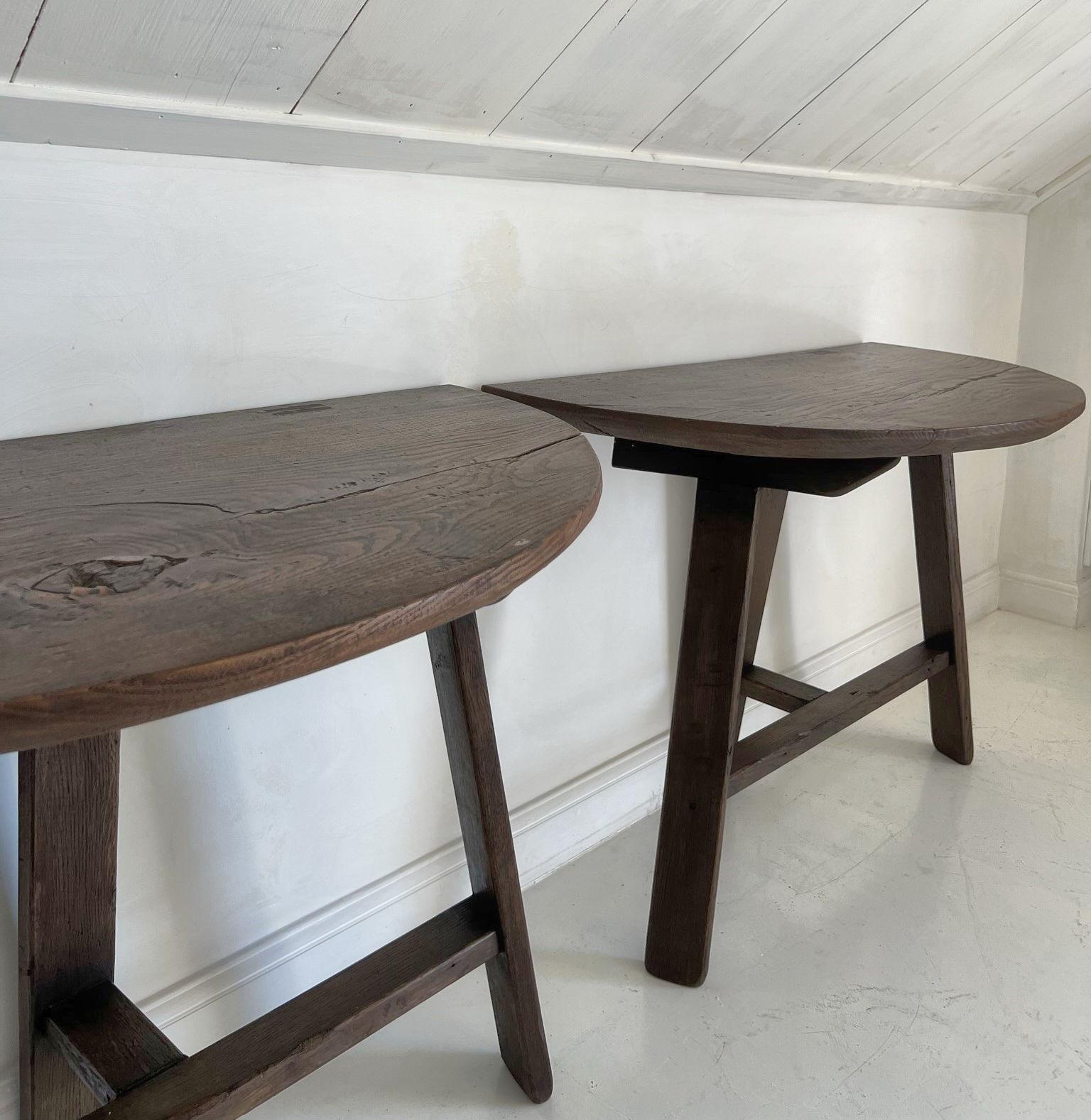 Set of 2 19th Century Primitive Chestnut Demilune Tables For Sale 13