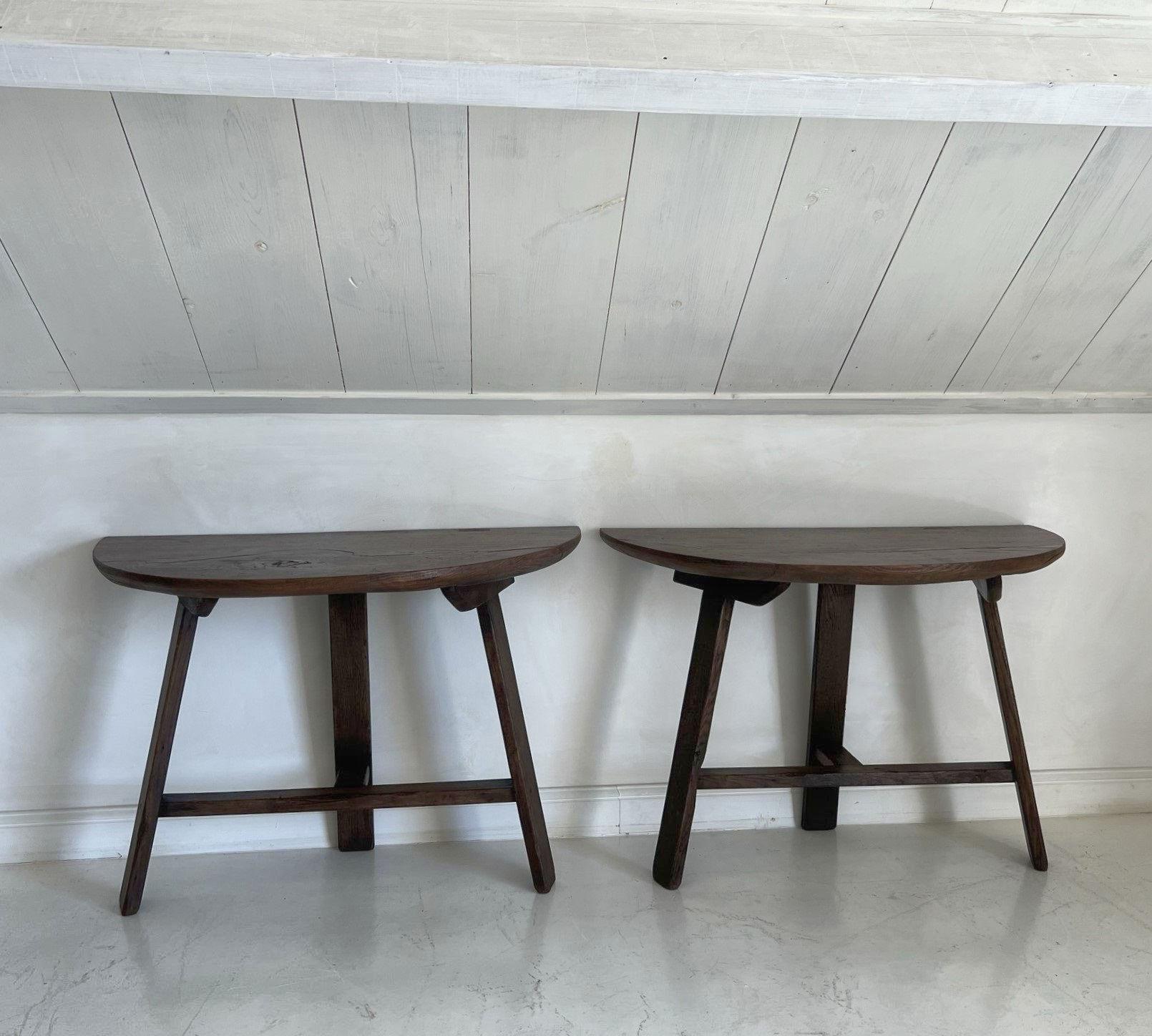 Hand-Crafted Set of 2 19th Century Primitive Chestnut Demilune Tables For Sale