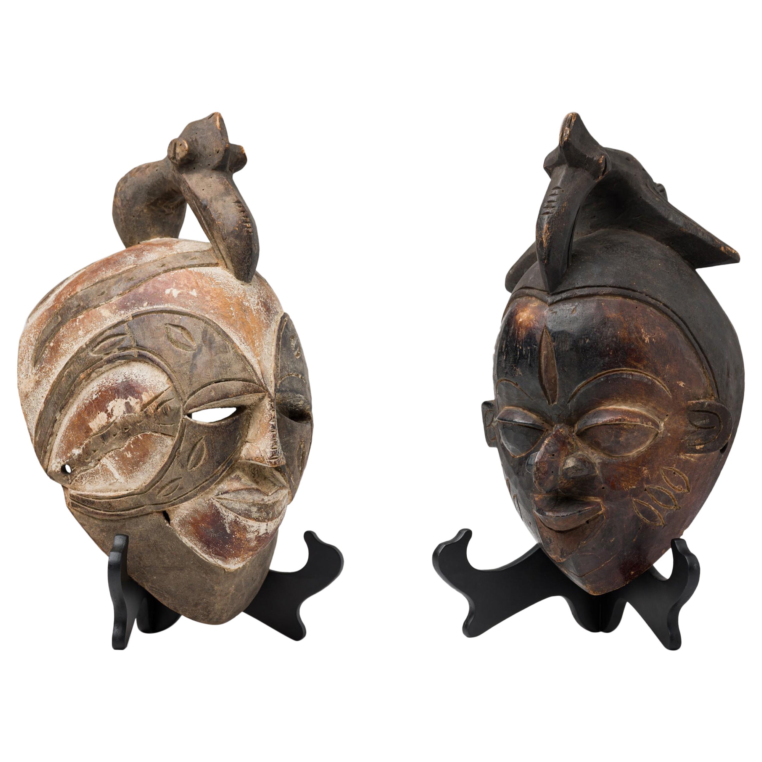 Set of 2 African Cameroon 20th Century Carved Wooden Bamileke Mask with Hornbill