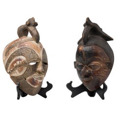 Set of 2 African Cameroon 20th Century Carved Wooden Bamileke Mask with Hornbill