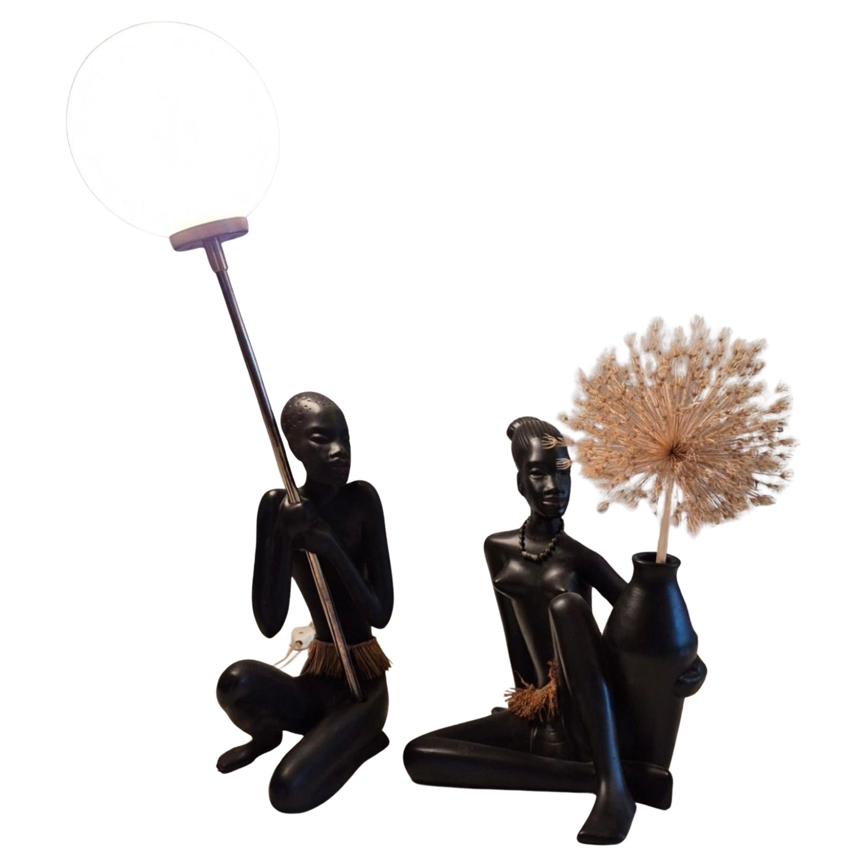 Conjunto de 2 figuras africanas de Gmundner Keramik, Austria Años 50 en venta