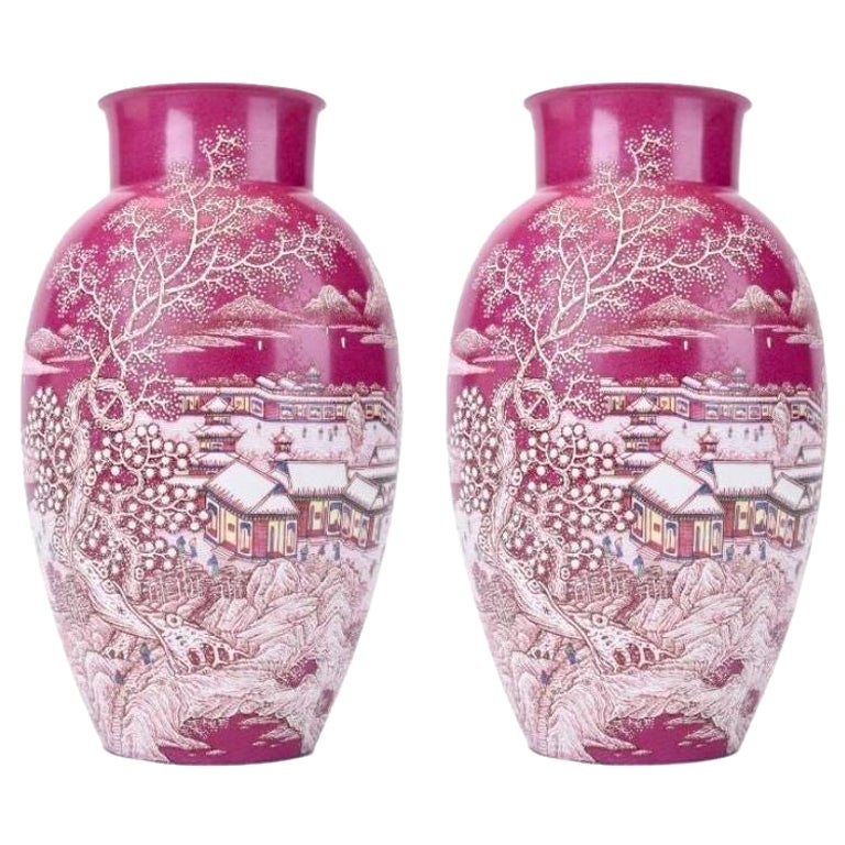 Juego de 2 jarrones con escena de nieve en ágata roja by WL Ceramics