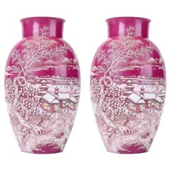 Juego de 2 jarrones con escena de nieve en ágata roja by WL Ceramics