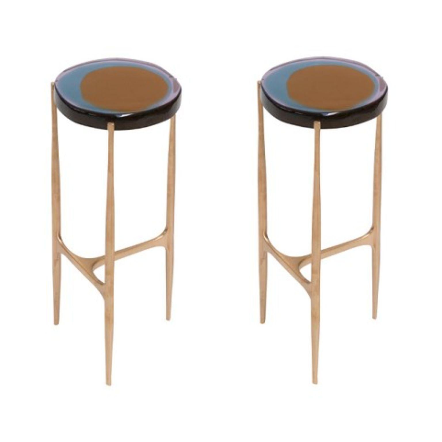 Set of 2 Agatha coffee tables by Draga & Aurel
Dimensions: W 24 x D 24 x H 56
top Ø 34 cm
Materials: Resin, bronze

The Agatha coffee tables are featured by irregular circular tops of transparent and
colorful resin sit on a bronze frame with a