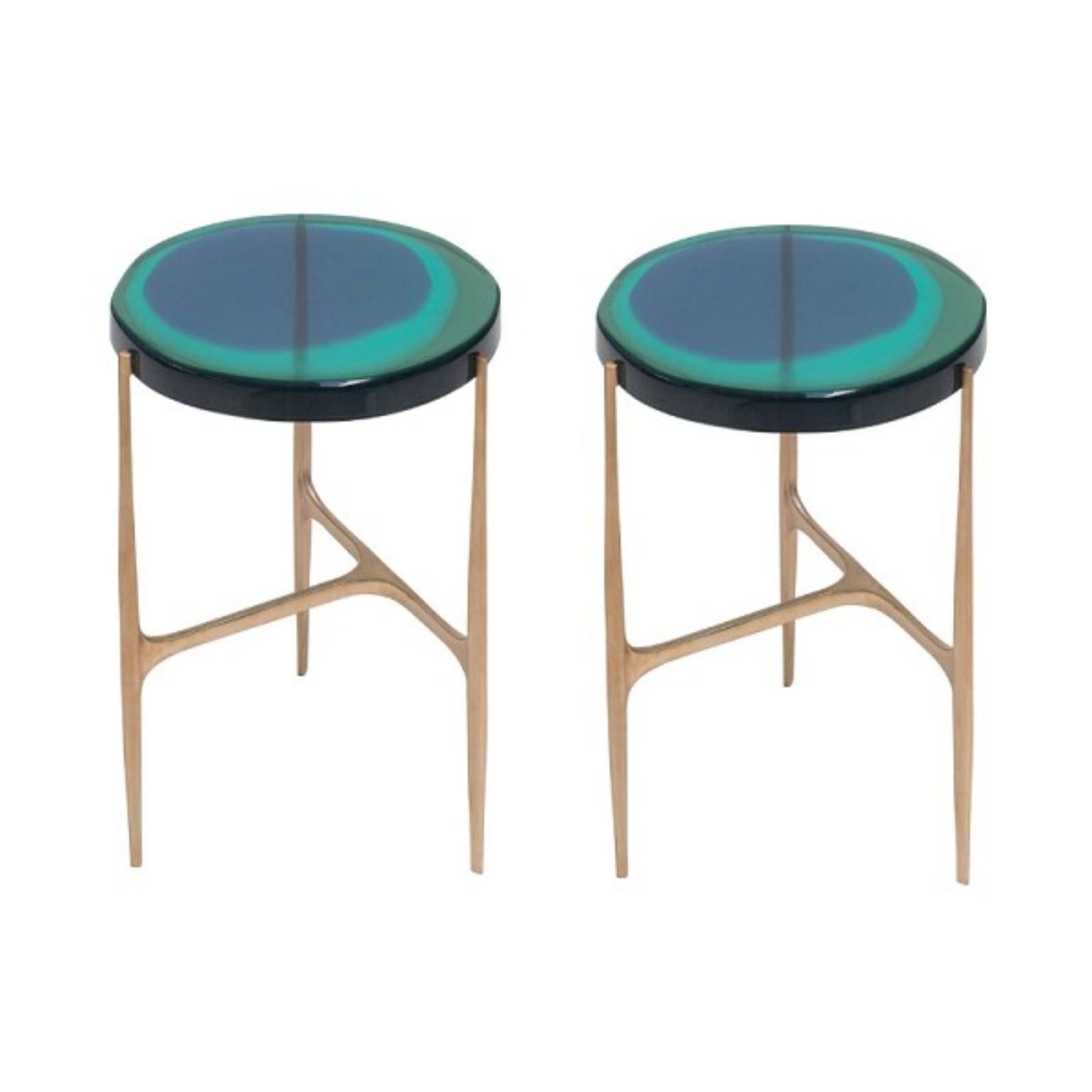 Set of 2 Agatha coffee tables by Draga & Aurel.
Dimensions: W 34 x D 34 x H 50.
 top Ø 34 cm.
Materials: resin, bronze.

The Agatha coffee tables are featured by irregular circular tops of transparent and
colorful resin sit on a bronze frame