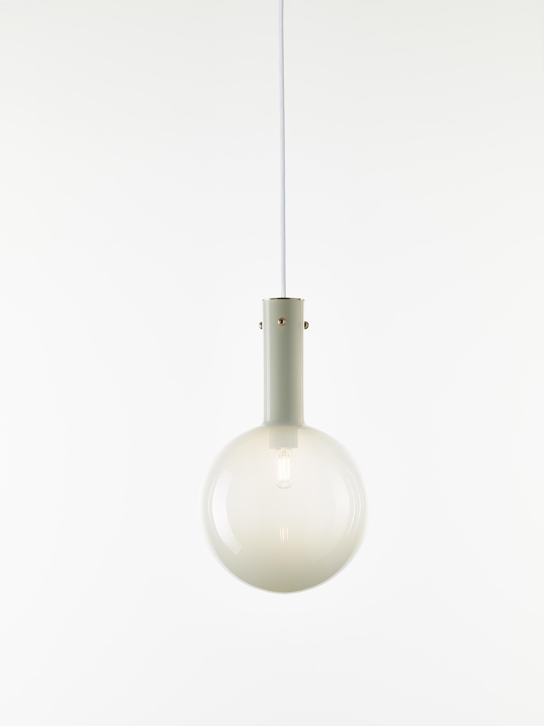 Set of 2 Alabaster white Sphaerae pendant lights by Dechem Studio
Dimensions: D 20 x H 180 cm
Materials: Brass, Metal, Glass.
Also Available: Different finishes and colours available.

Only one homogenous piece of hand-blown glass creates the