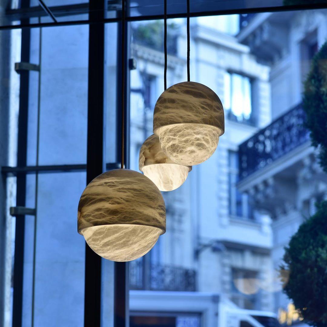 French Set of 2 Alabaster Yoko Pendant Light by Atelier Alain Ellouz