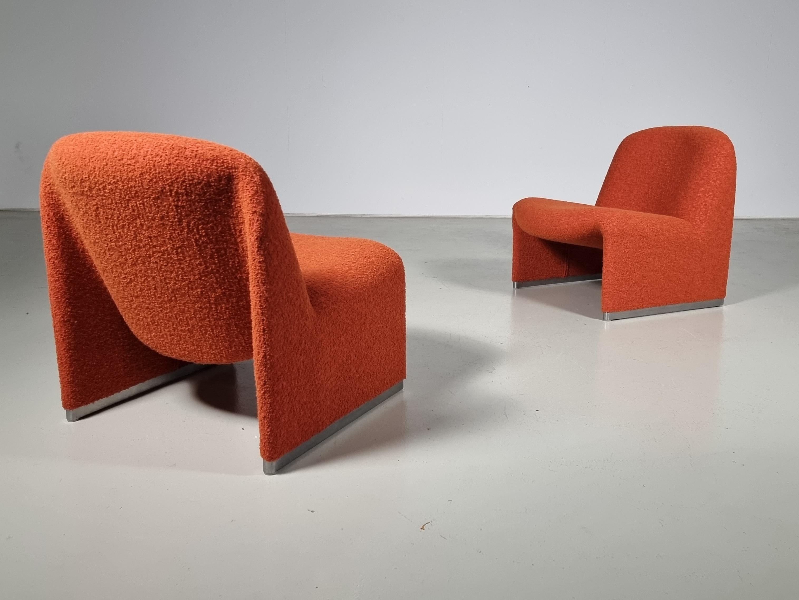 Italian Set of 2 Alky Chairs in orange/red boucle, Giancarlo Piretti for Castelli, 1970