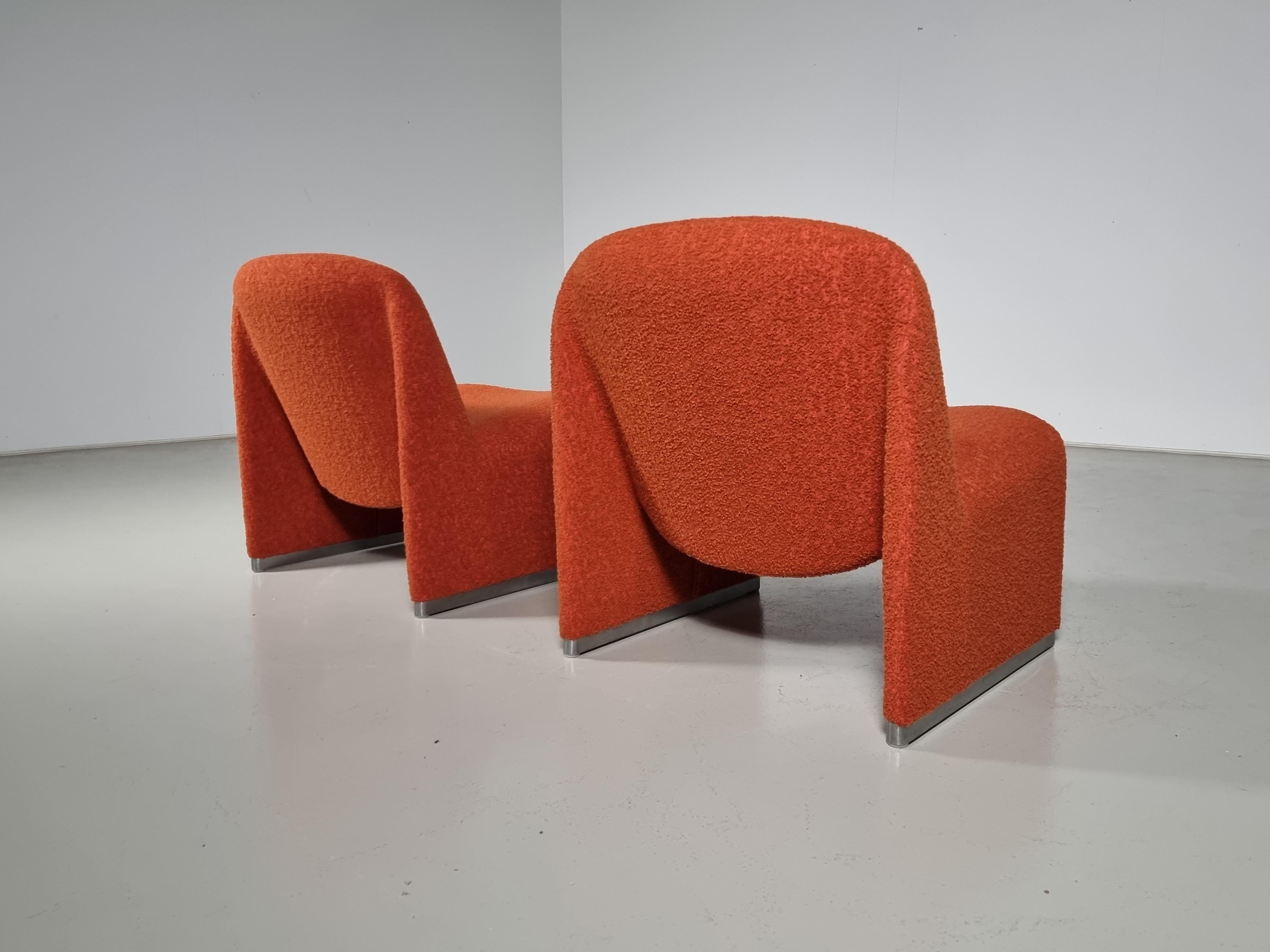 Italian Set of 2 Alky Chairs in orange/red boucle, Giancarlo Piretti for Castelli, 1970