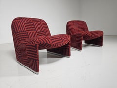 Set of 2 Alky Chairs in red/purple jacquard, Giancarlo Piretti, Castelli