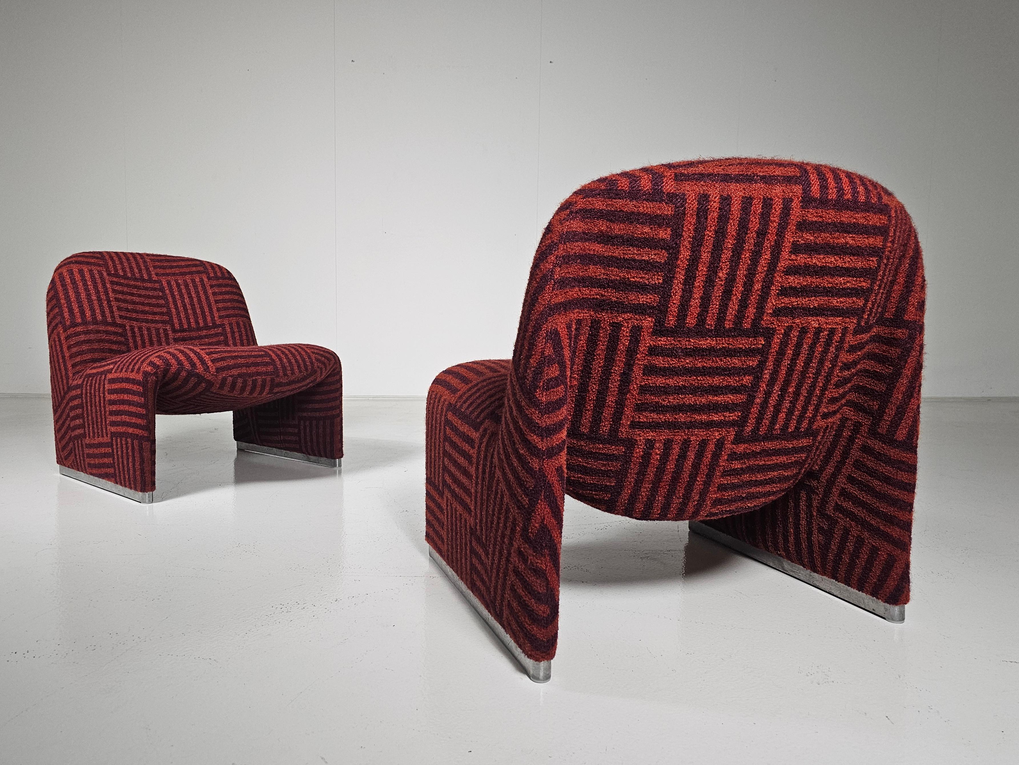20th Century Set of 2 Alky Chairs in red/purple jacquard, Giancarlo Piretti, Castelli