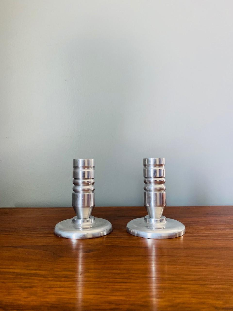 American Set of 2 Aluminum Bolt Style Postmodern Candle Holders For Sale