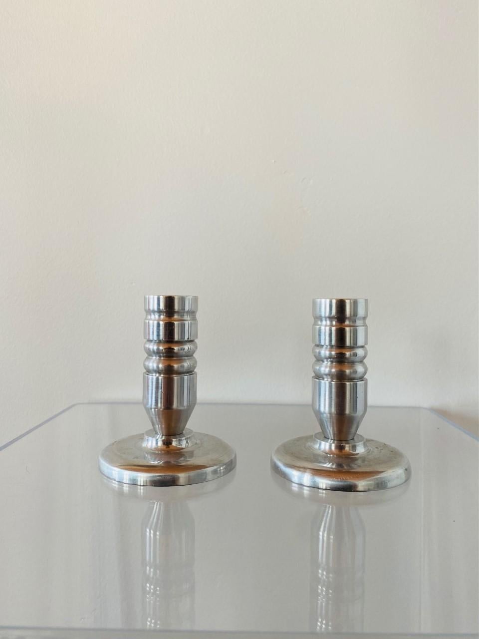 Cast Set of 2 Aluminum Bolt Style Postmodern Candle Holders For Sale