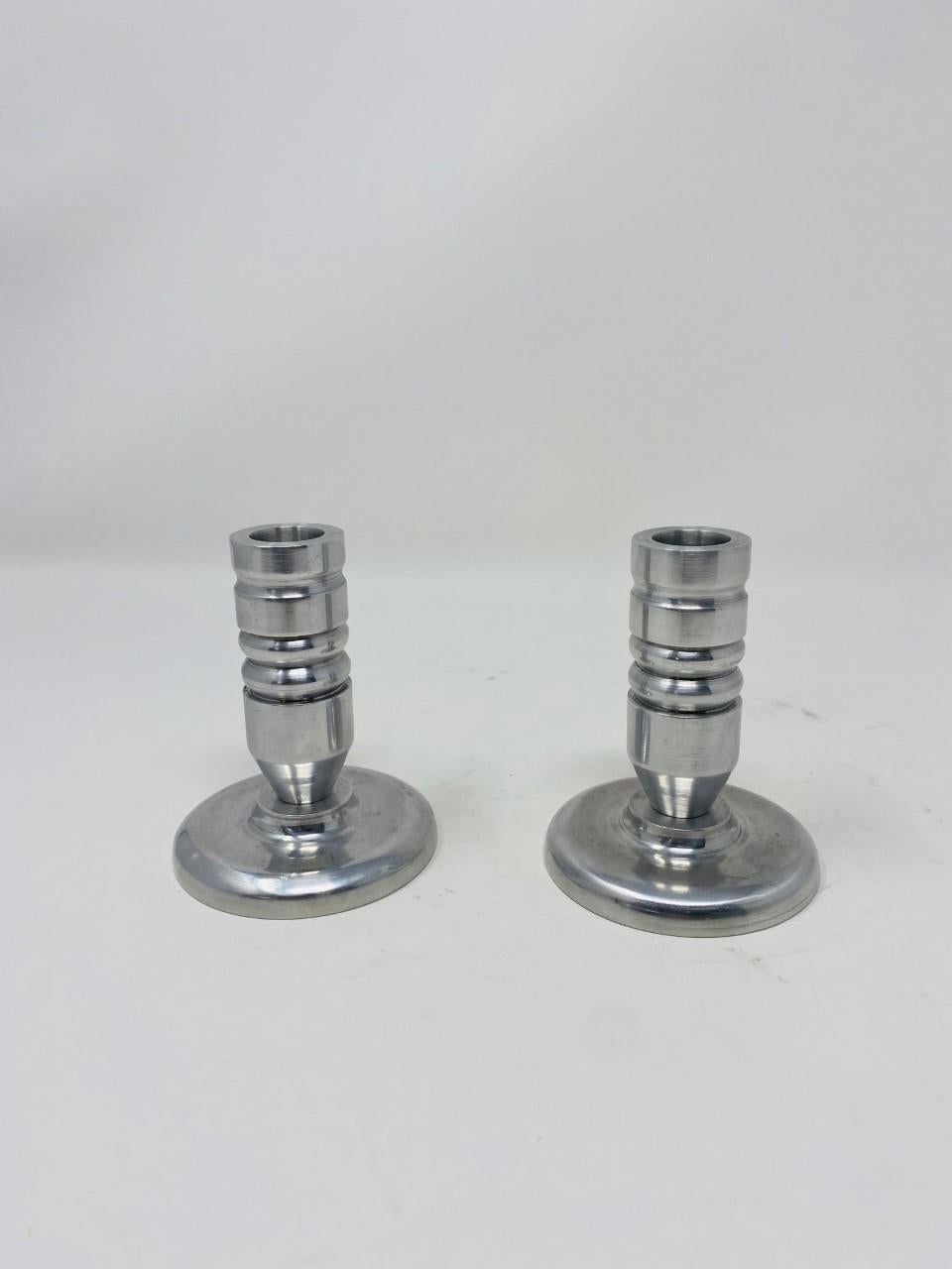 Set of 2 Aluminum Bolt Style Postmodern Candle Holders In Good Condition For Sale In San Diego, CA