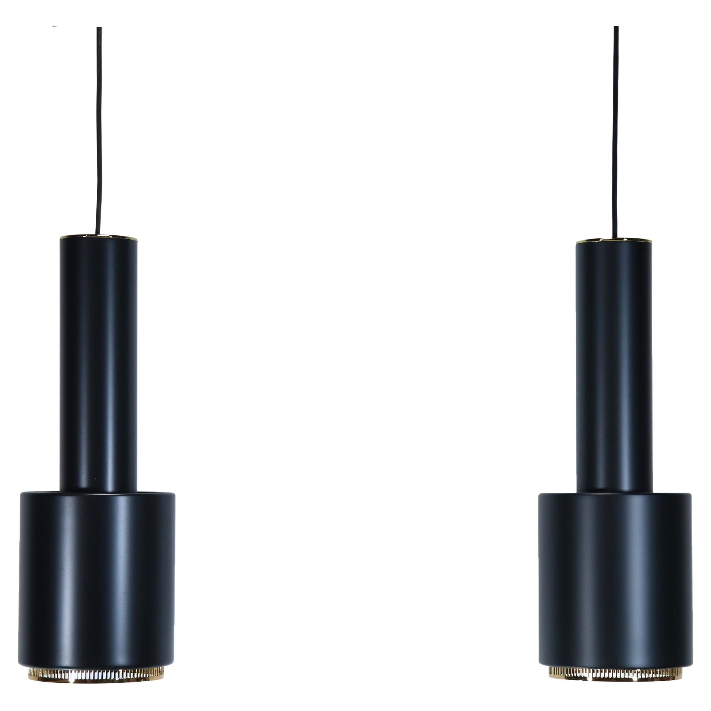 Set of 2 Alvar Aalto A110 Hand Grenade Pendant Lamps in Black with Brass Detail For Sale