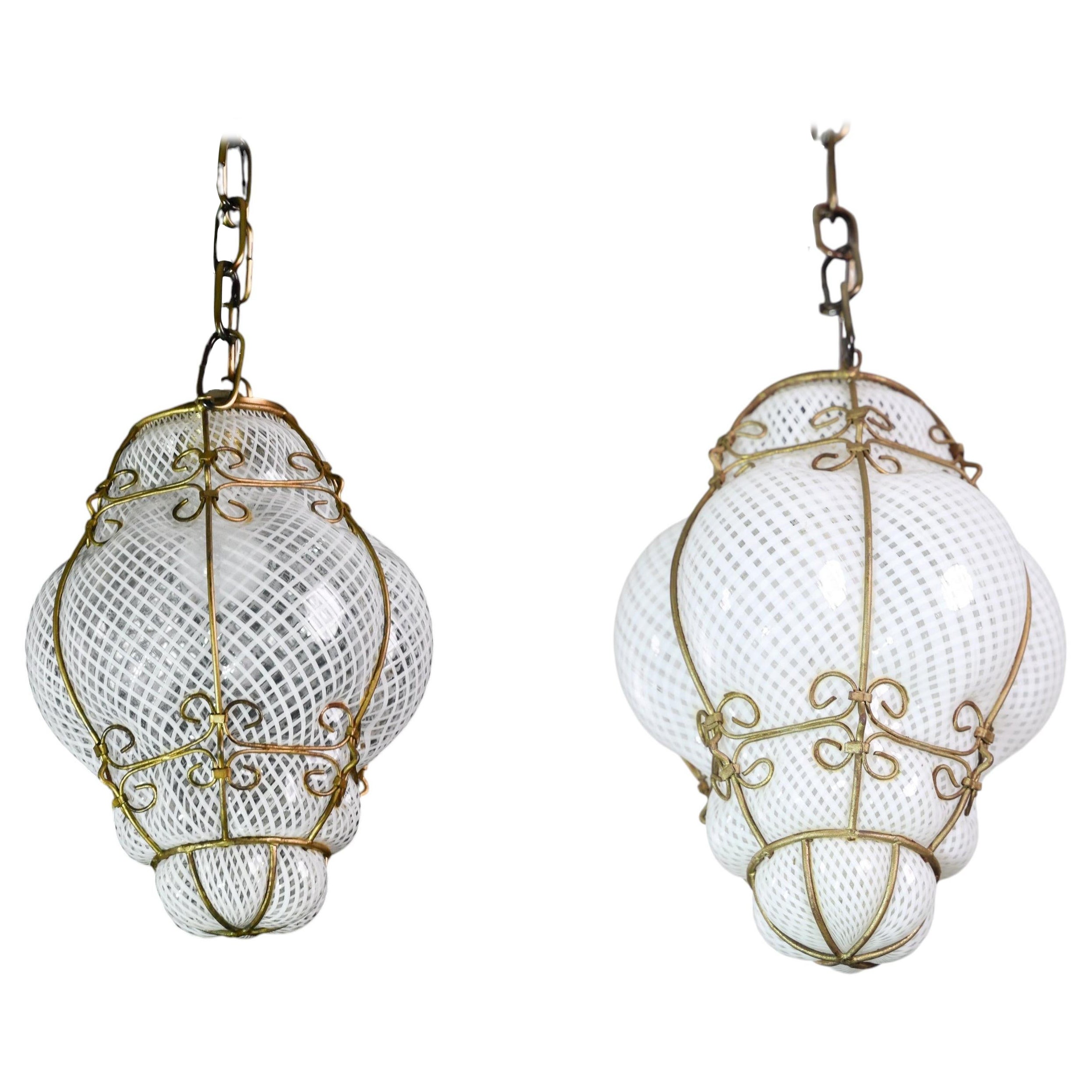 Set of 2 Amazing Venetian Lantern in Murano Reticello Glass , 1950s