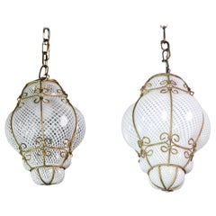Lot de 2 superbes lanternes vénitiennes en verre de Murano « Reticello », années 1950