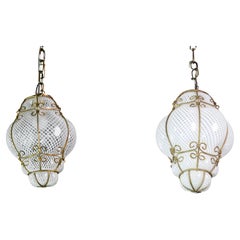 Set of 2 Amazing Venetian Lantern in Murano Reticello Glass, 1950s