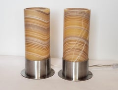 Set of 2 Ambient Onyx Table Lamps with Leather-Backed Stainless Steel Base