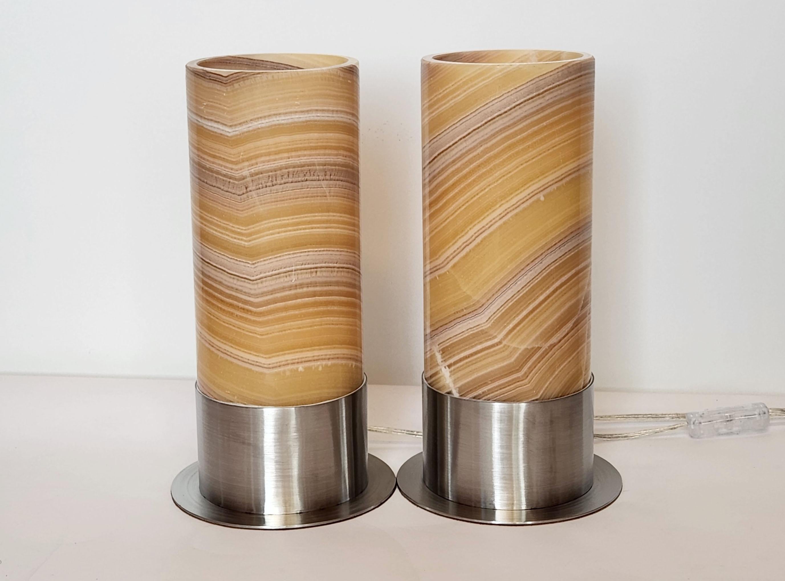 Modern Set of 2 Ambient Onyx Table Lamps with Leather-Backed Stainless Steel Base For Sale