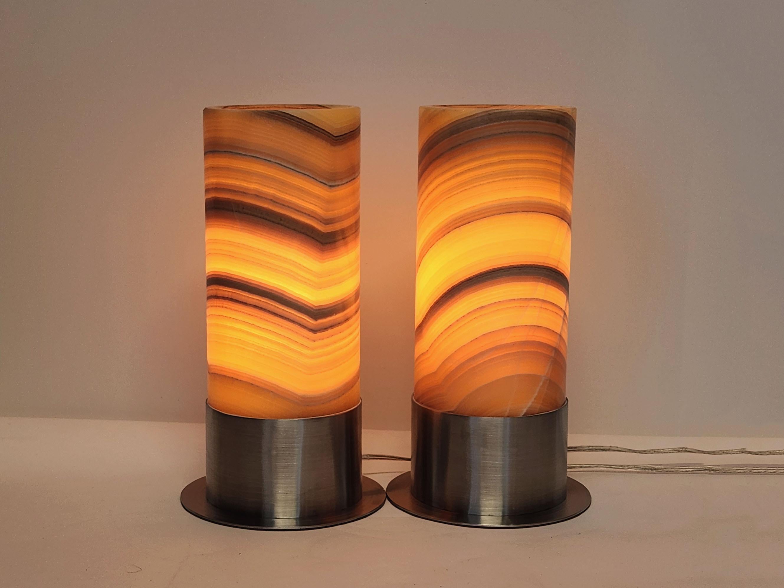 Mexican Set of 2 Ambient Onyx Table Lamps with Leather-Backed Stainless Steel Base For Sale