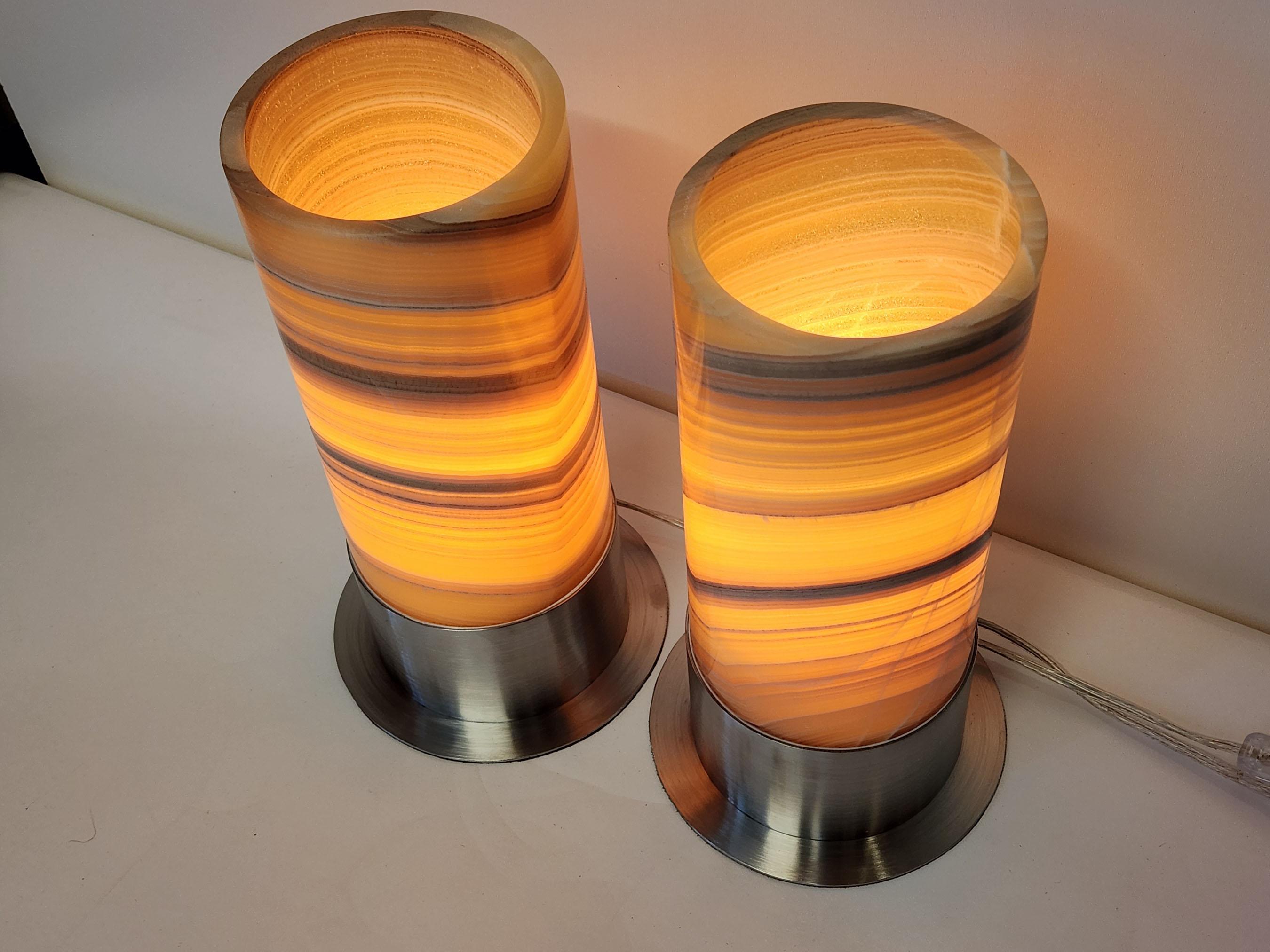 Set of 2 Ambient Onyx Table Lamps with Leather-Backed Stainless Steel Base In New Condition For Sale In Stratford, CT
