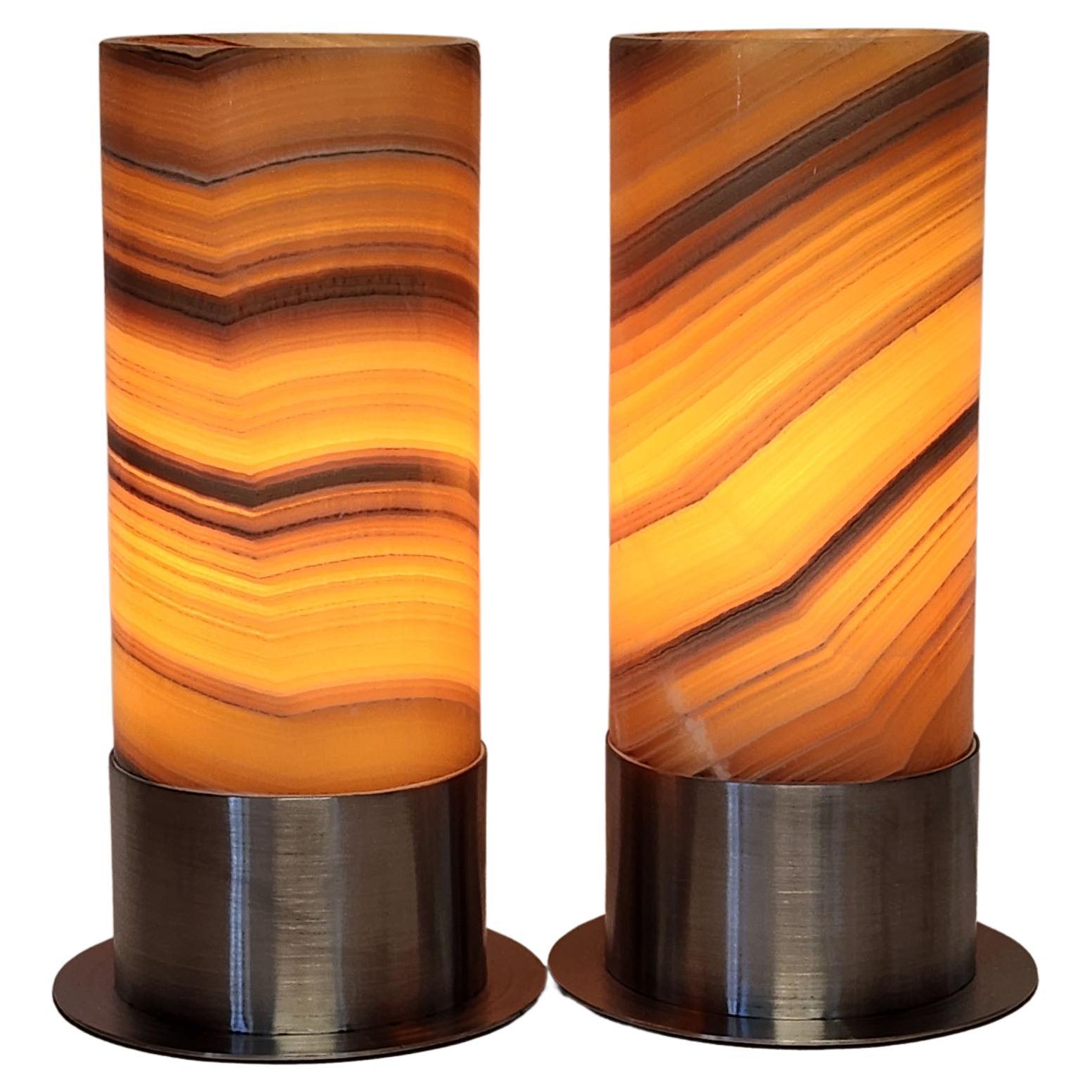 Set of 2 Ambient Onyx Table Lamps with Leather-Backed Stainless Steel Base